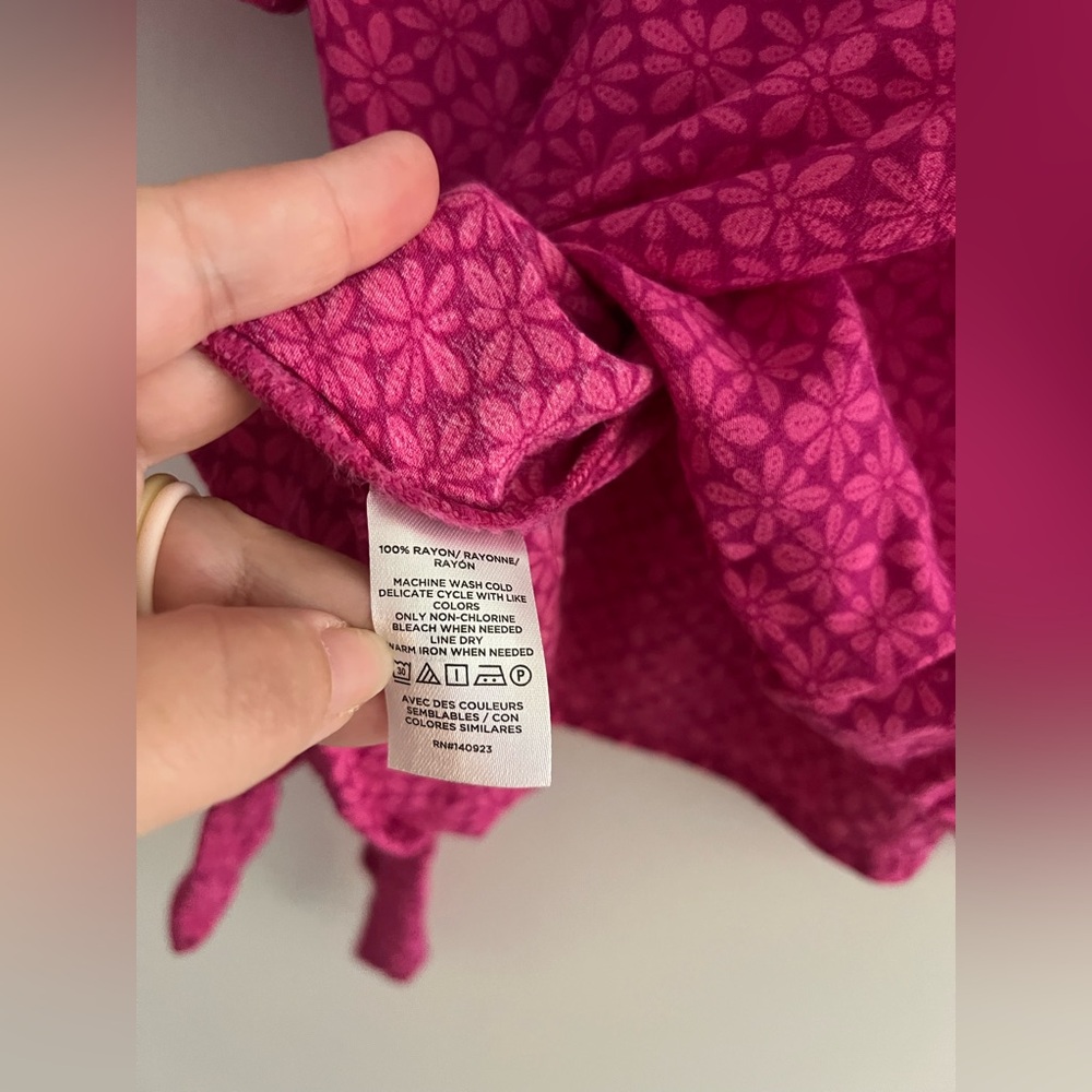 LOFT Stamped Puff Sleeve Tie Front Blouse Pink | Size L - Picture 4 of 5